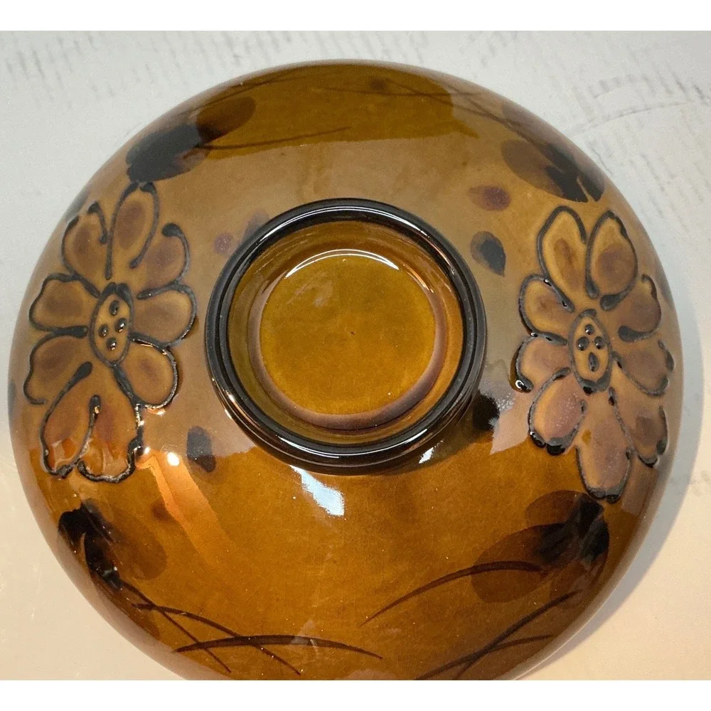 Vintage Ceramic Casserole Bean Pot with Lid Brown Floral Oven Proof Stoneware